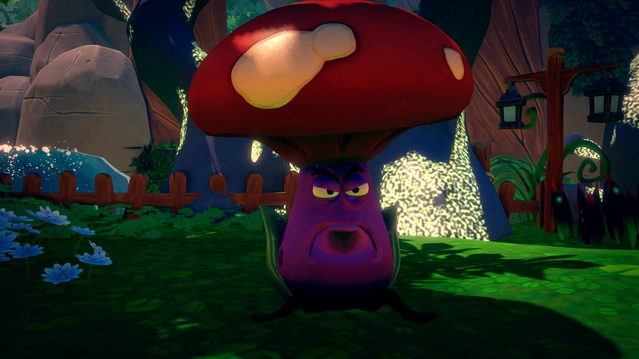 Una creatura burbera, viola, a forma di fungo, con un cappello rosso e un ambiente verde.