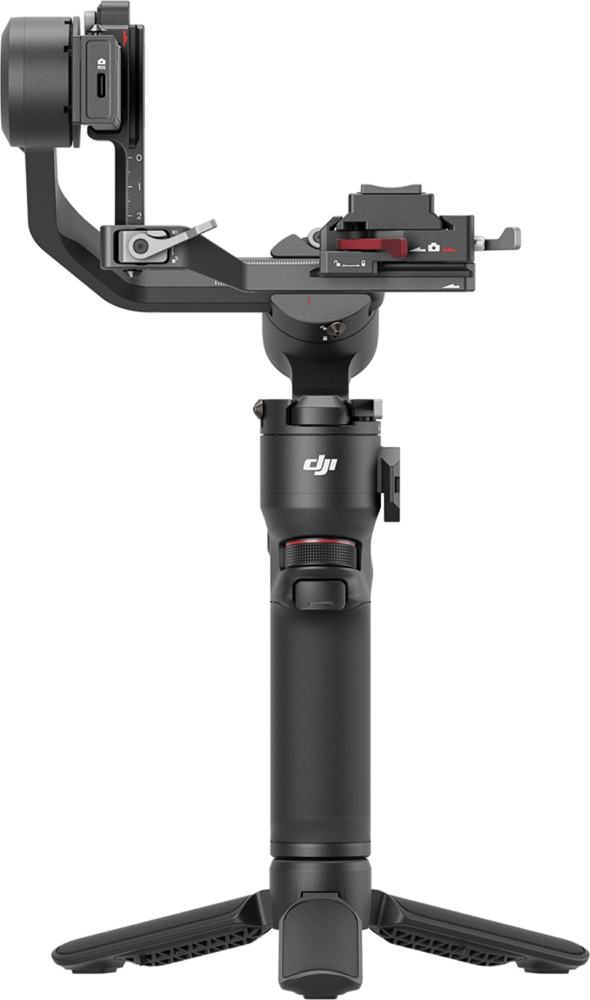 Gimbal noir portable avec pieds de trépied. Il possède une poignée et un support caméra.