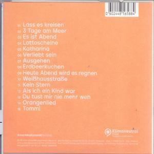 Rückseite einer CD-Hülle mit Songtiteln und einem Logo auf orangefarbenem Hintergrund.