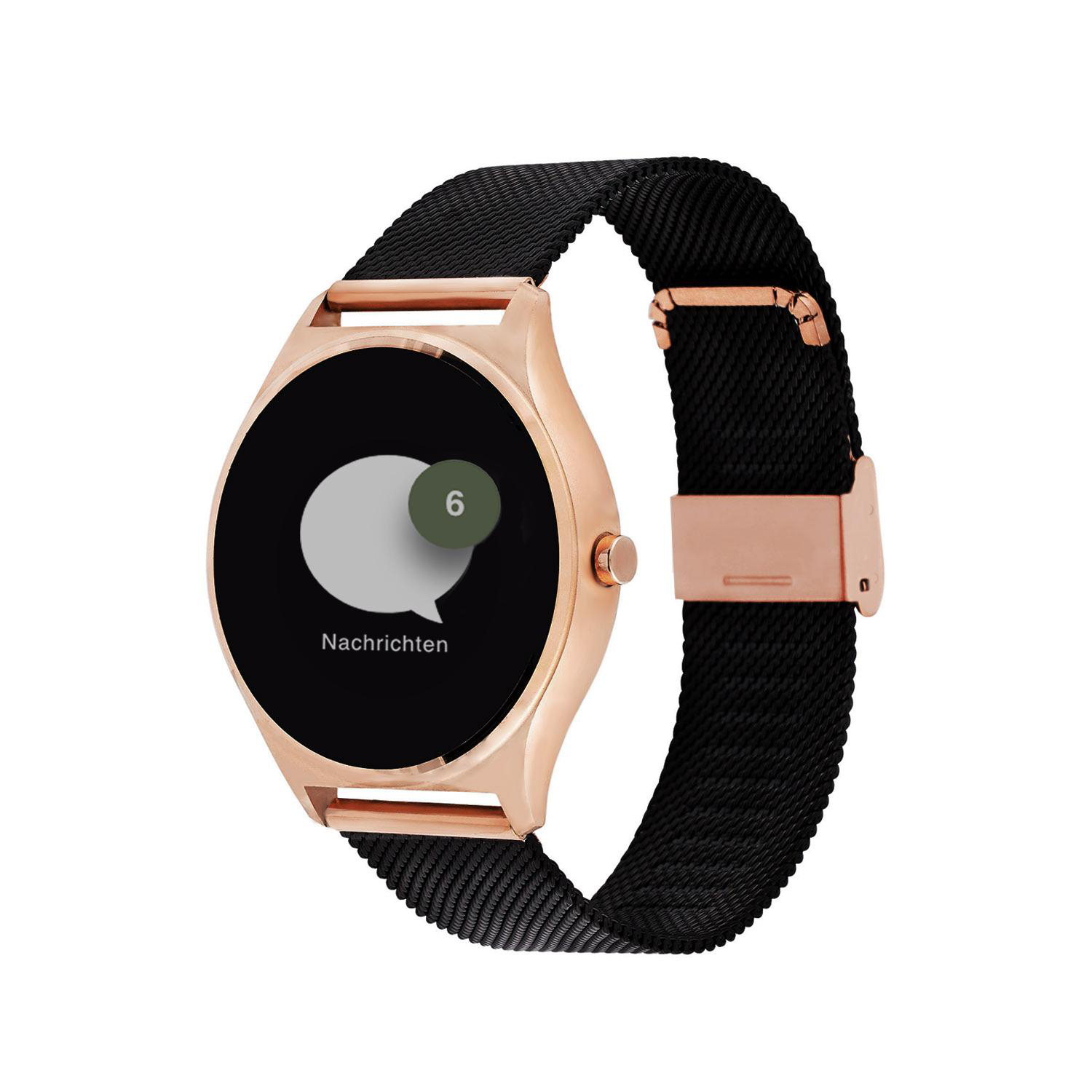 Roségold Smartwatch mit schwarzem Band, zeigt eine Benachrichtigungsblase mit 6.