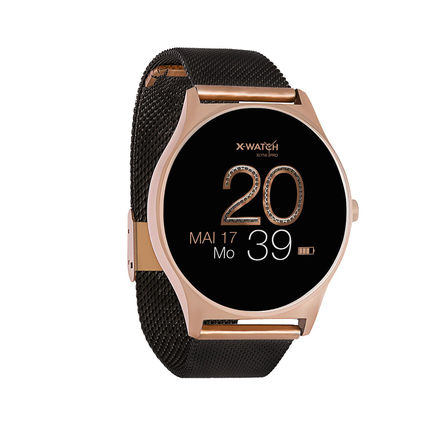 Roségoldene X-Watch Smartwatch mit schwarzem Armband, schwarzes Display mit Uhrzeit.