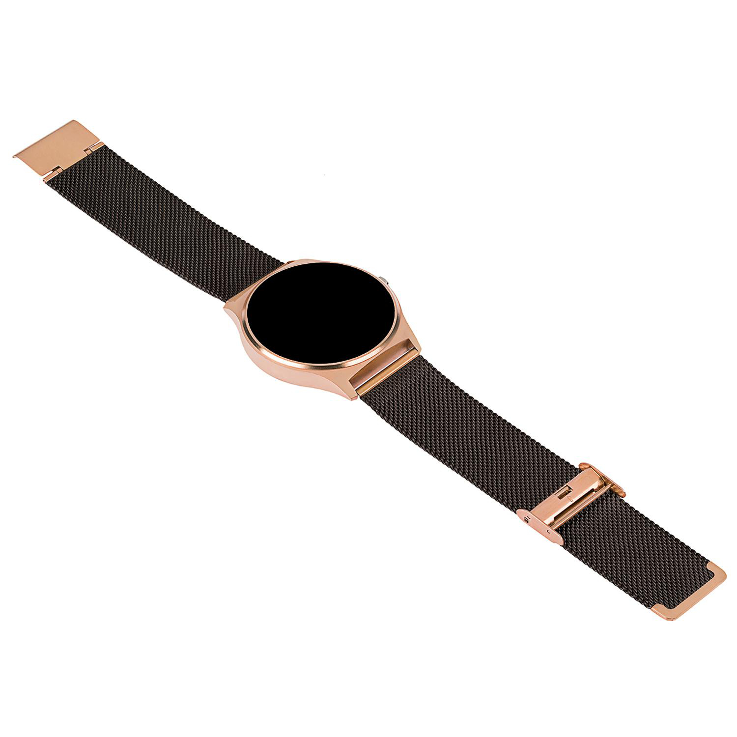 Roségoldene Smartwatch mit schwarzem Armband und schwarzem Bildschirm.