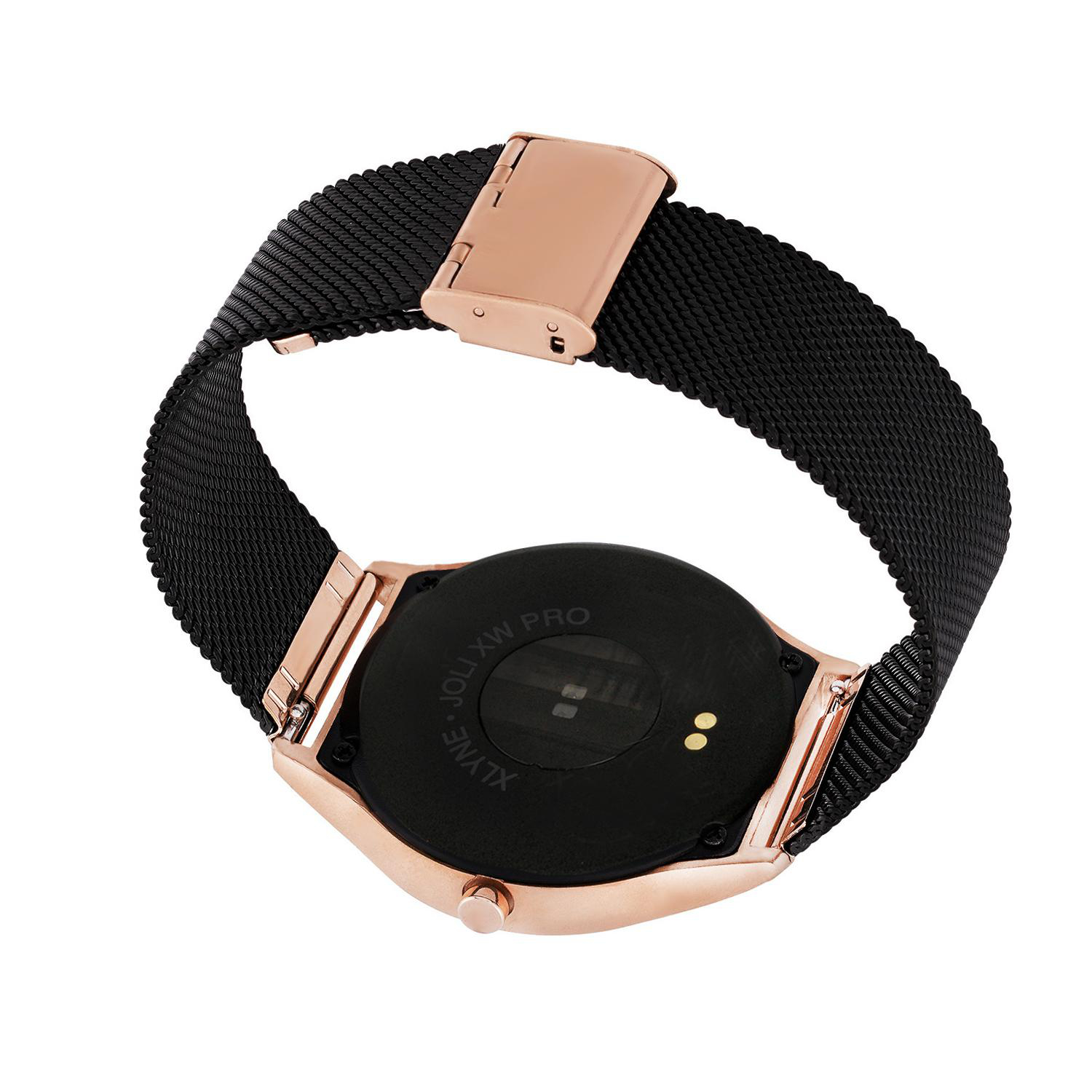 Eine schwarze Smartwatch mit roségoldenem Rahmen.