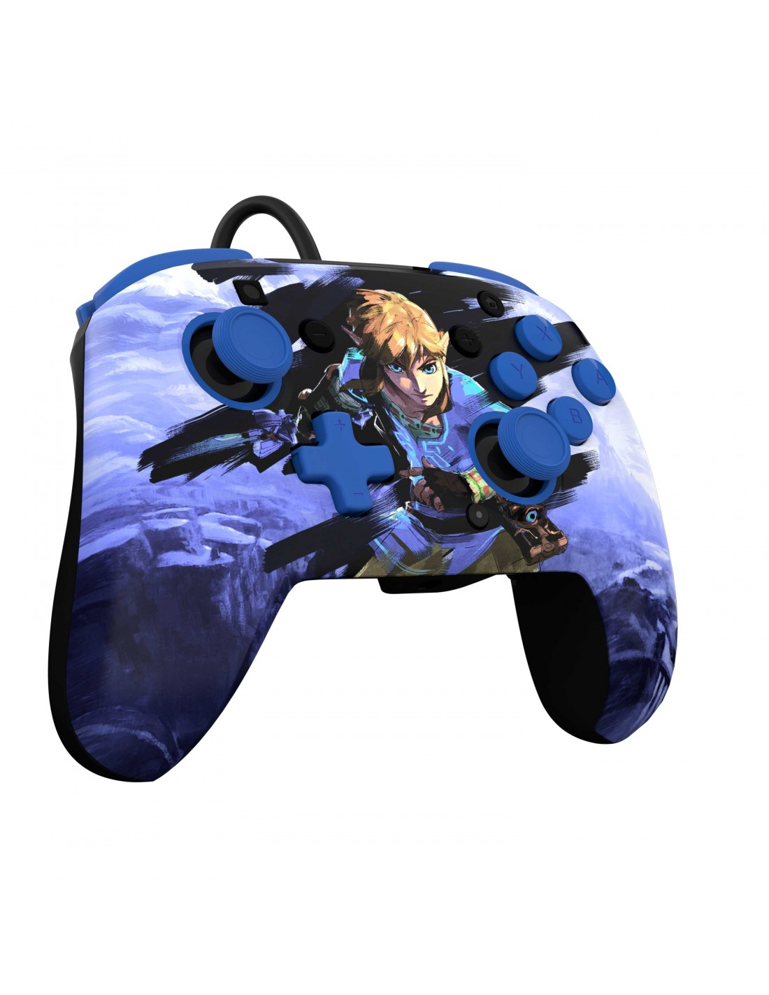 Un mando de videojuegos azul y negro con Link de la serie The Legend of Zelda.