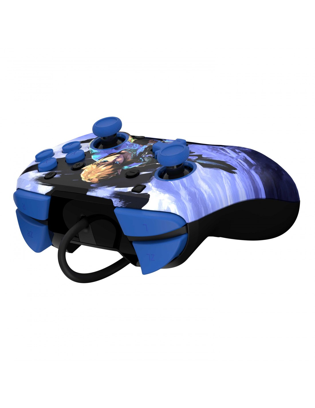 Controlador Nintendo Switch azul y negro con una ilustración estilizada.