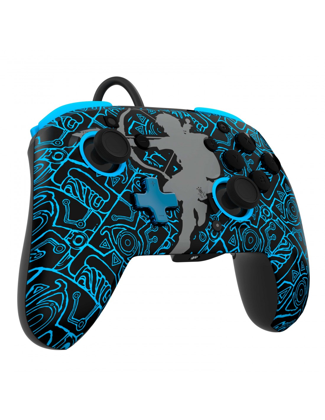 Mando de juego negro y azul. Con botones, joysticks, una cruz y una figura de silueta.