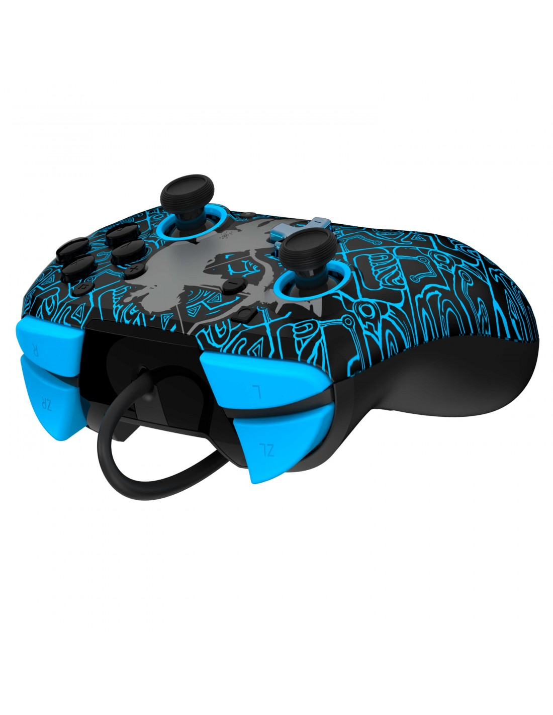 Mando de juego negro y azul con diseño único y múltiples botones.