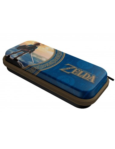 Una funda azul con el logo de The Legend of Zelda. Presenta una imagen de Link en la cubierta, con detalles marrones y negros.