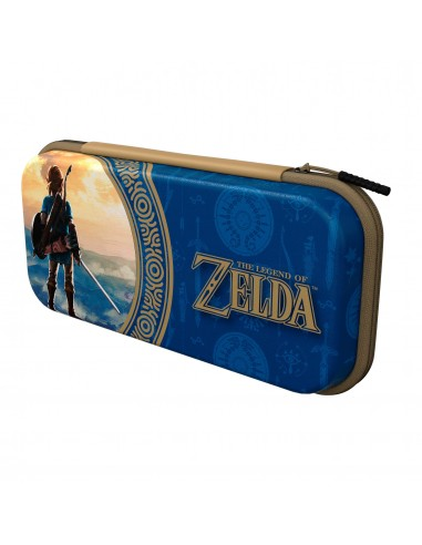 Una funda azul con el logo 'The Legend of Zelda'. Presenta una ilustración de personaje y una cremallera marrón.