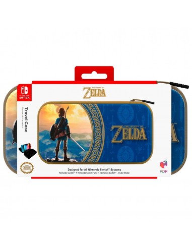 Una funda de viaje de Zelda para Nintendo Switch. Tiene un diseño azul con detalles dorados y una imagen de Link en el centro.