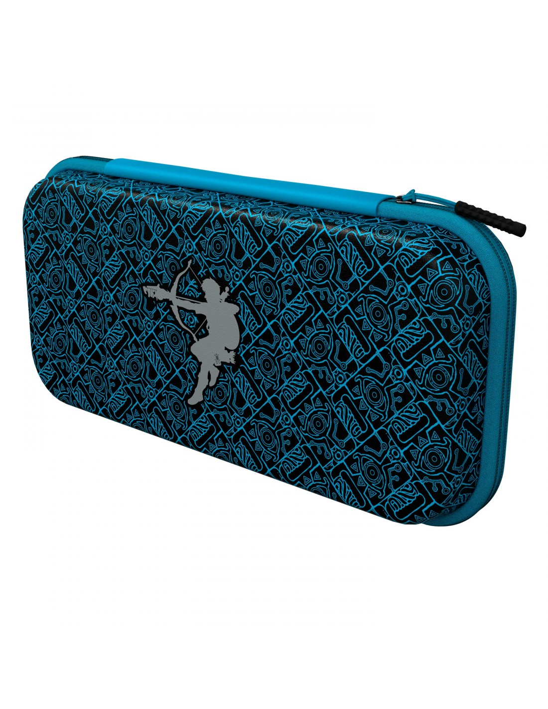 Funda azul de Nintendo Switch con un diseño. Una figura plateada de un arquero está en la funda.