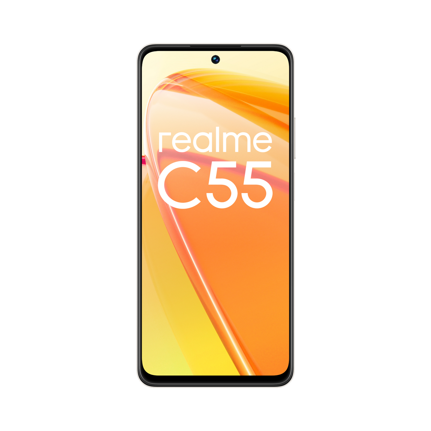 Un smartphone Realme C55 blanco, con un degradado naranja brillante en la pantalla.