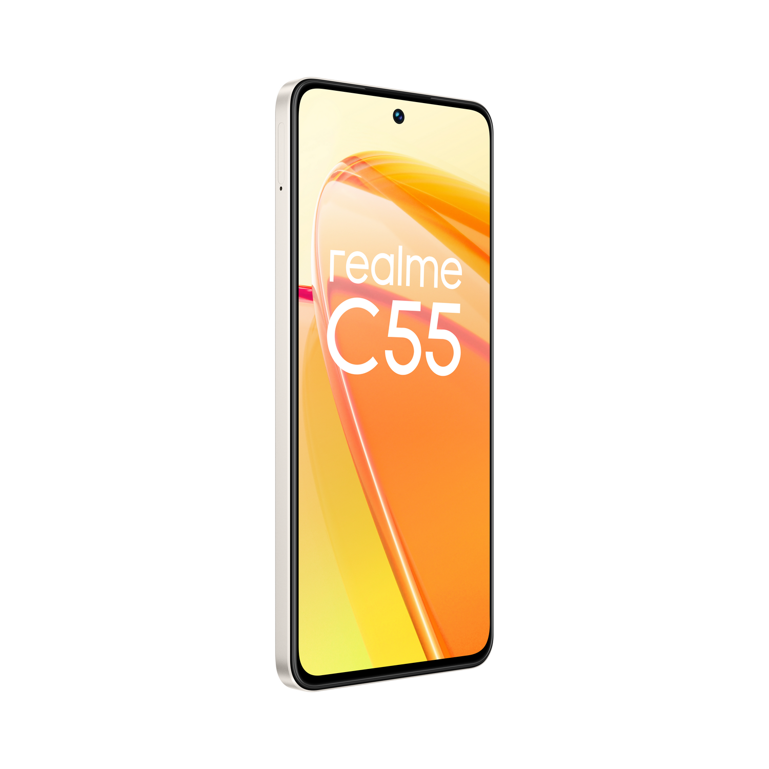 Smartphone Realme C55, marco plateado, pantalla con logo Realme y degradado amarillo.