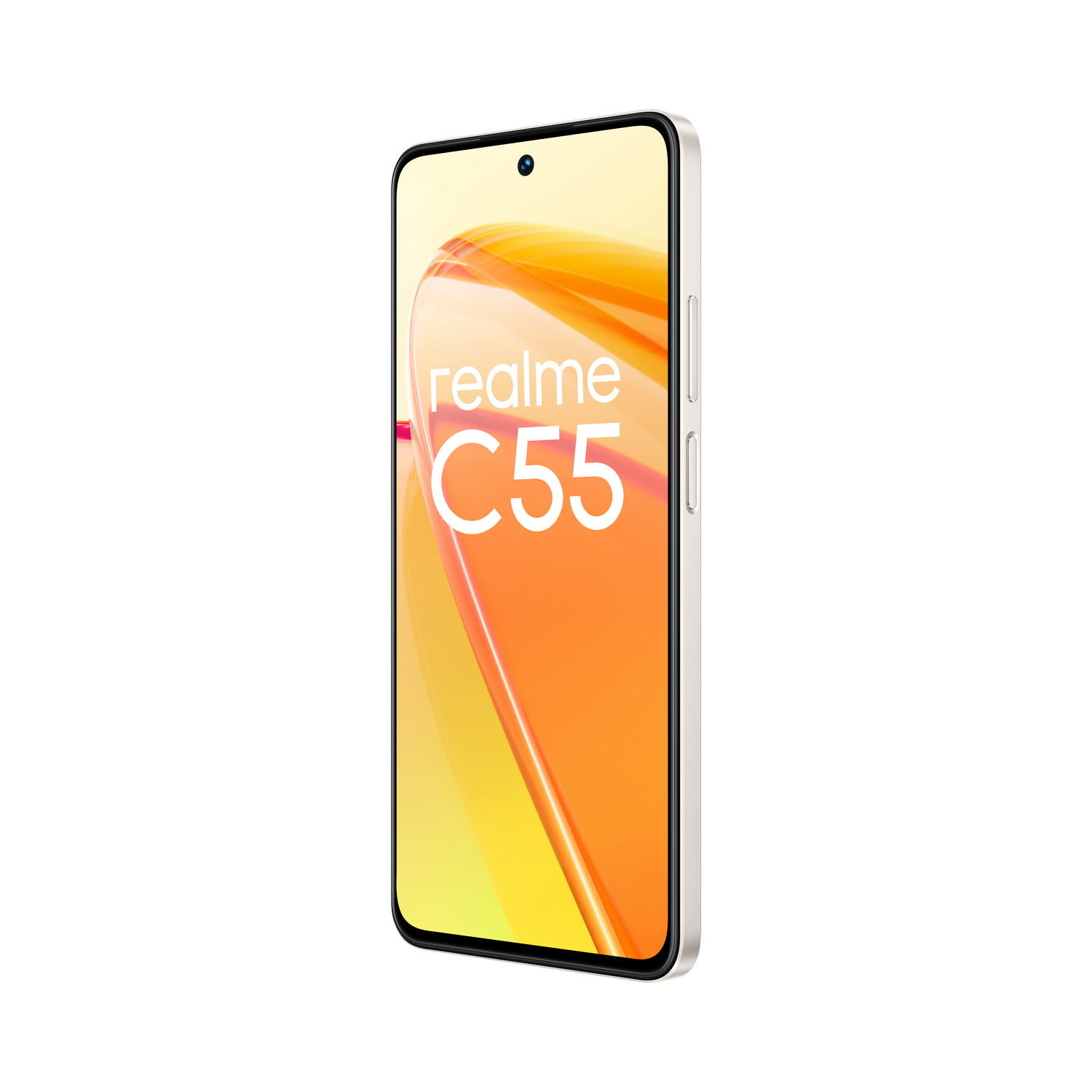 Un teléfono blanco y gris con las palabras 'realme C55' en la pantalla.