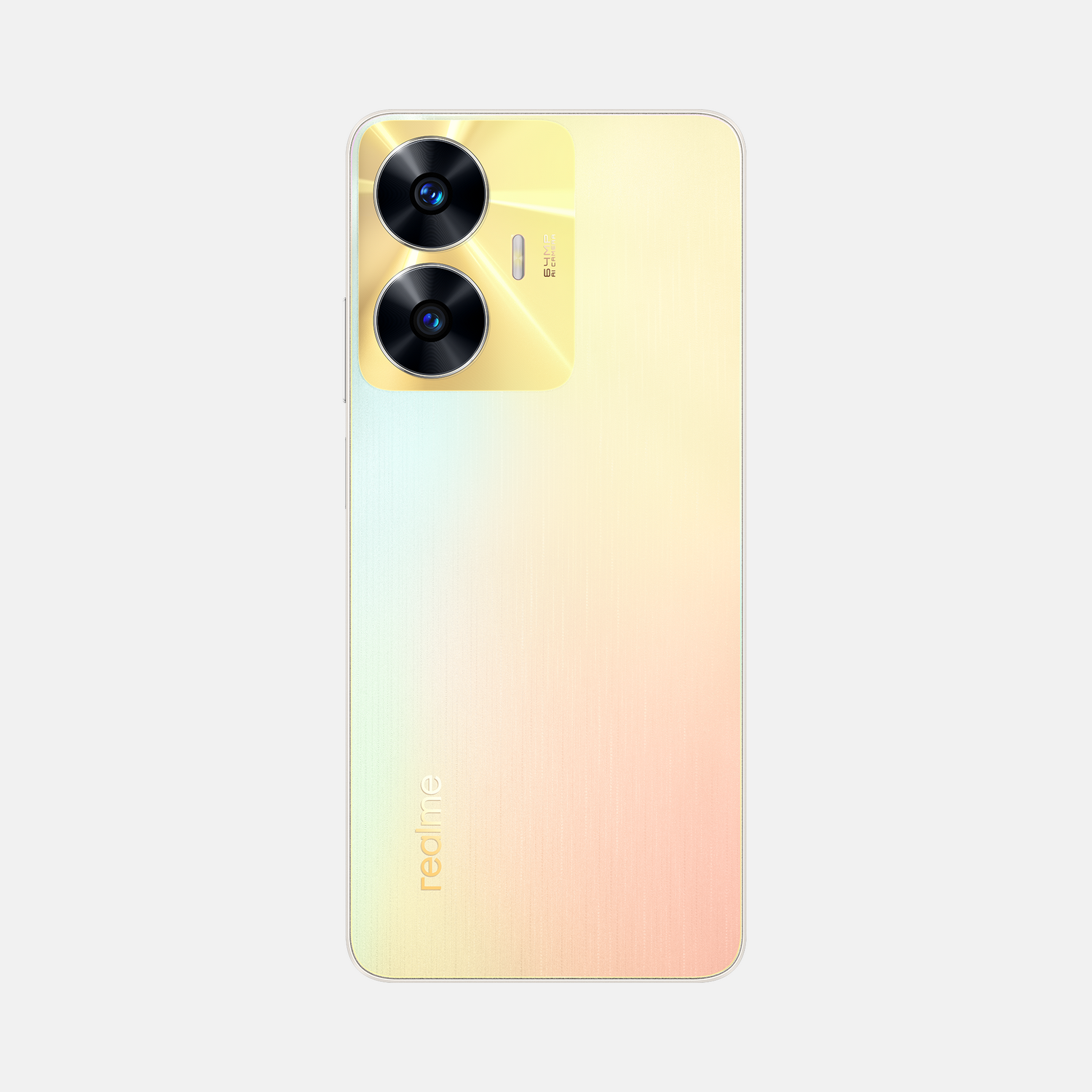 Smartphone amarillo y blanco con dos cámaras sobre fondo blanco.