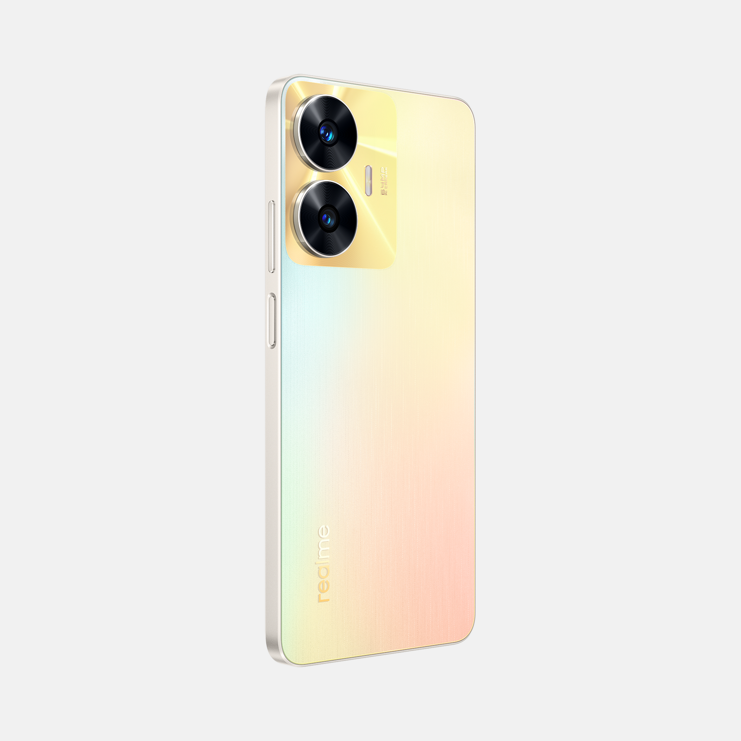 Smartphone, vista trasera: degradado amarillo-melocotón, doble cámara, logo realme.
