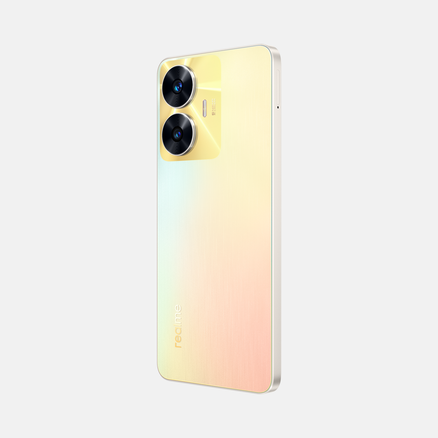 Teléfono Realme, parte trasera degradado amarillo y rosa. Dos cámaras y flash en la parte superior.