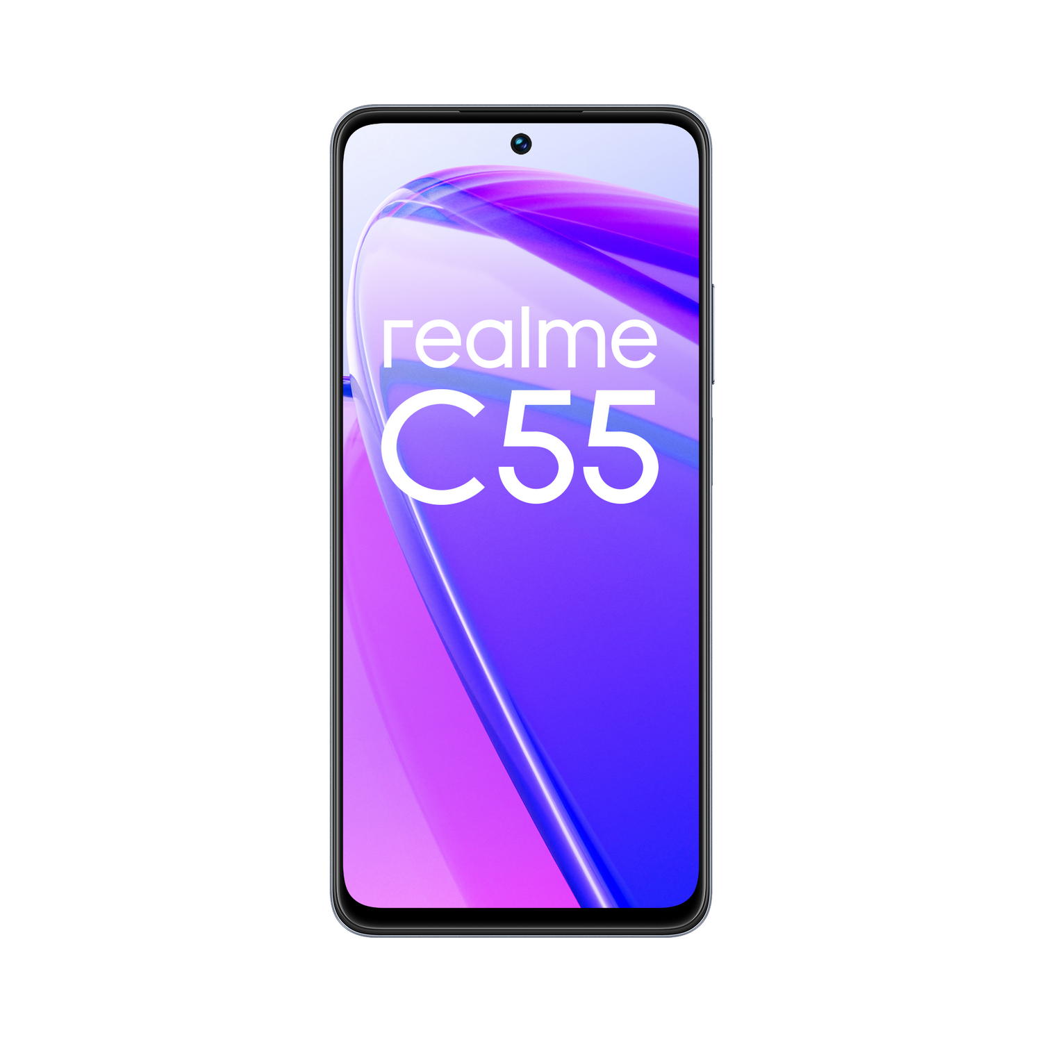 Un teléfono inteligente Realme C55 mostrado sobre un fondo blanco.