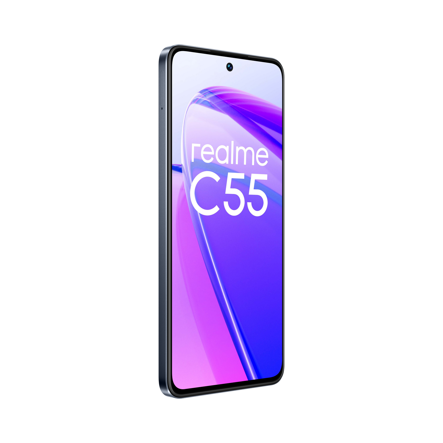 Smartphone Realme C55, degradado púrpura y azul en la pantalla.