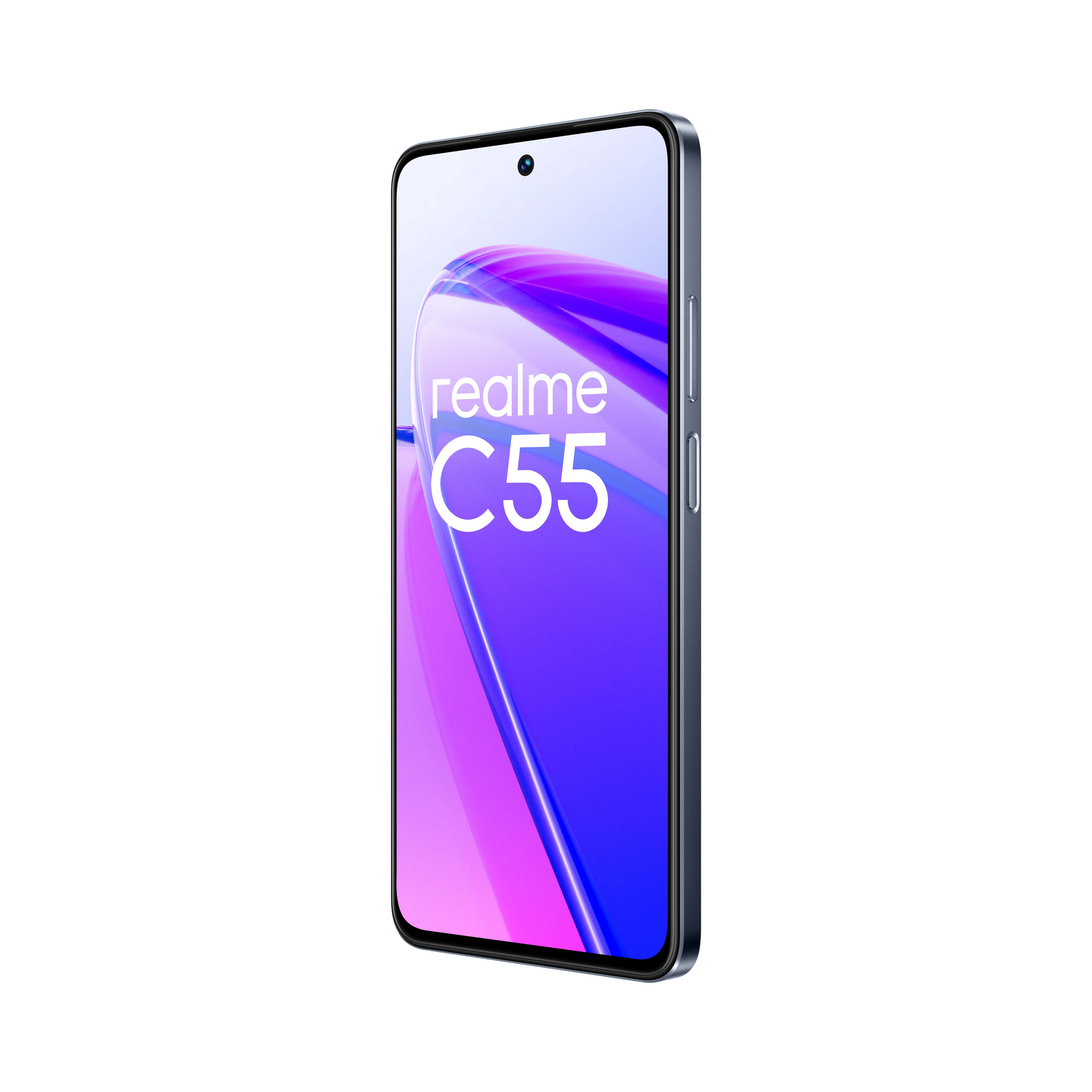 Teléfono Realme C55, color azul, con pantalla mostrando la marca y el modelo.