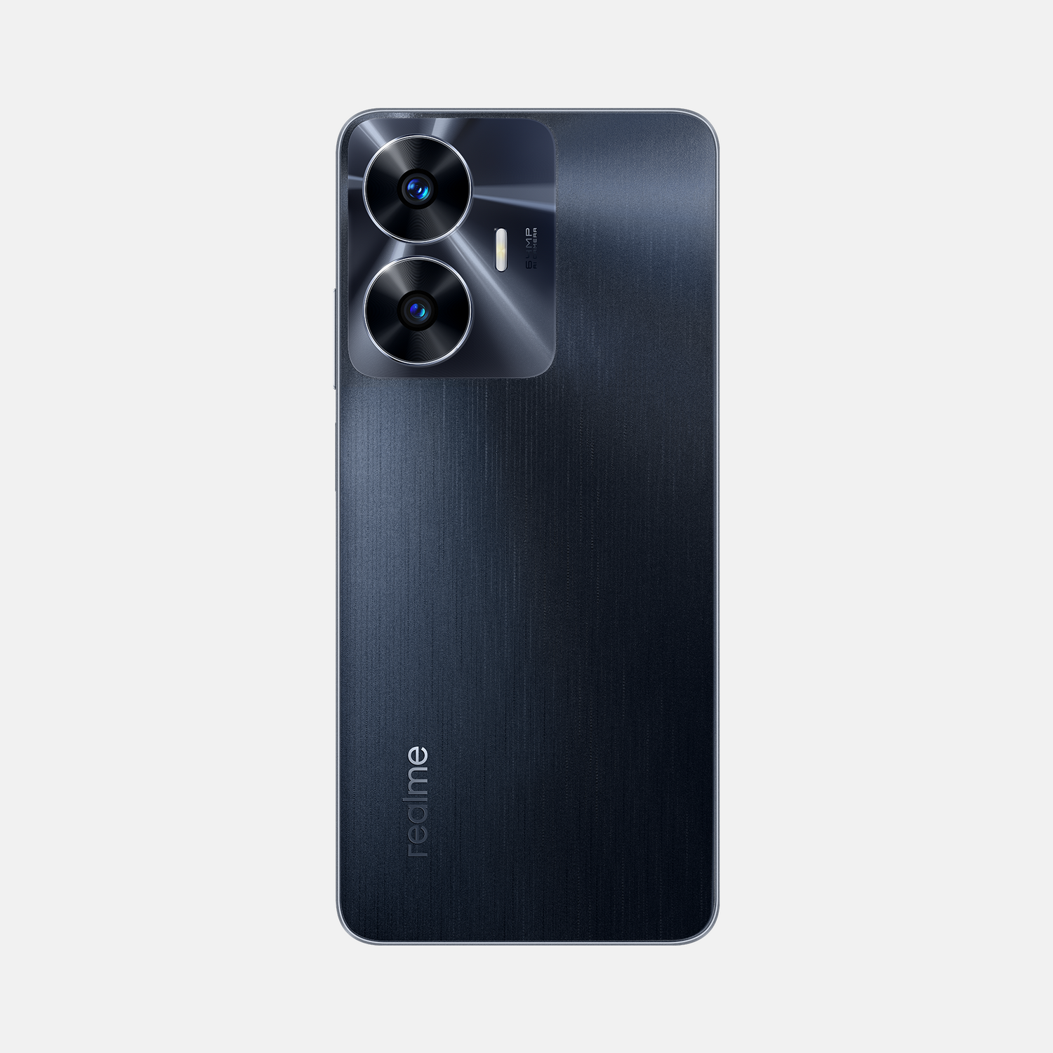 Parte trasera de smartphone negro con cámara dual y logo Realme.