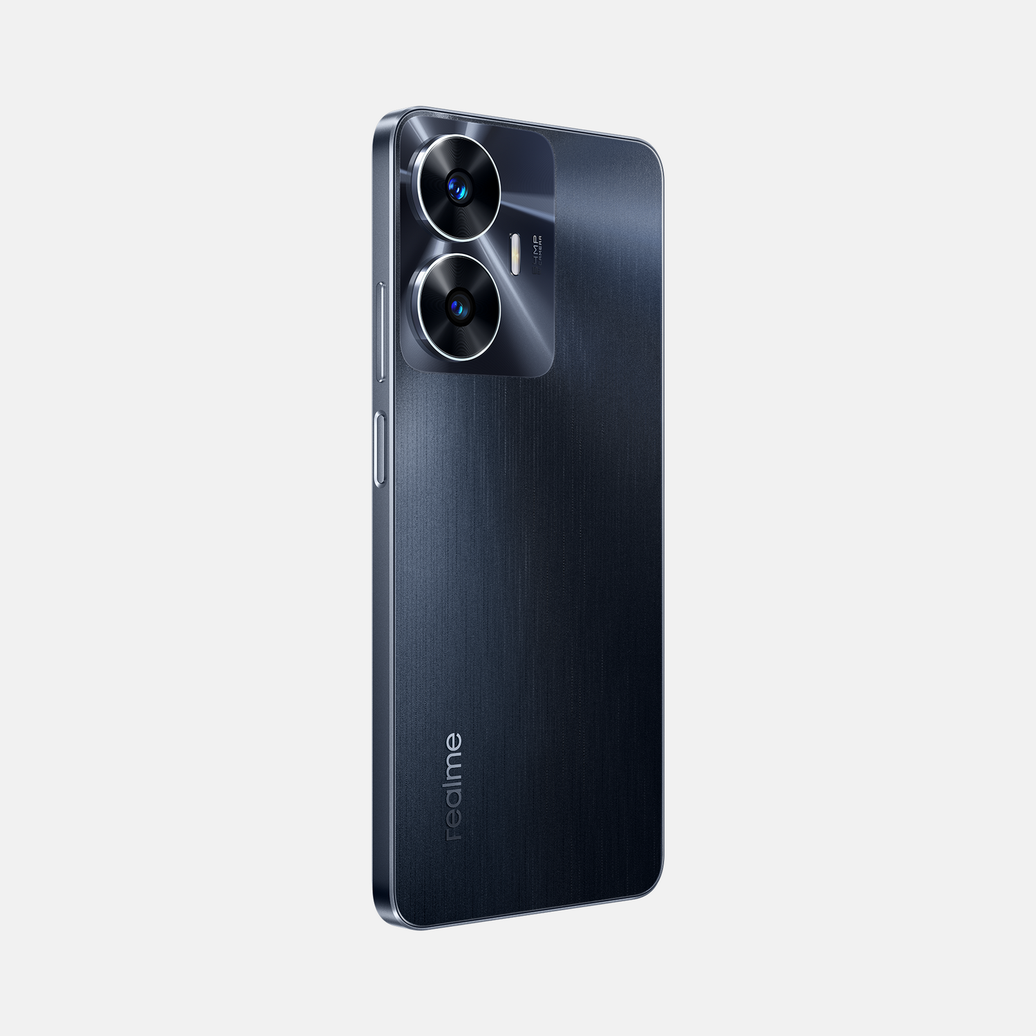 Teléfono azul oscuro, vista trasera. Dos cámaras y un logotipo de realme visibles.