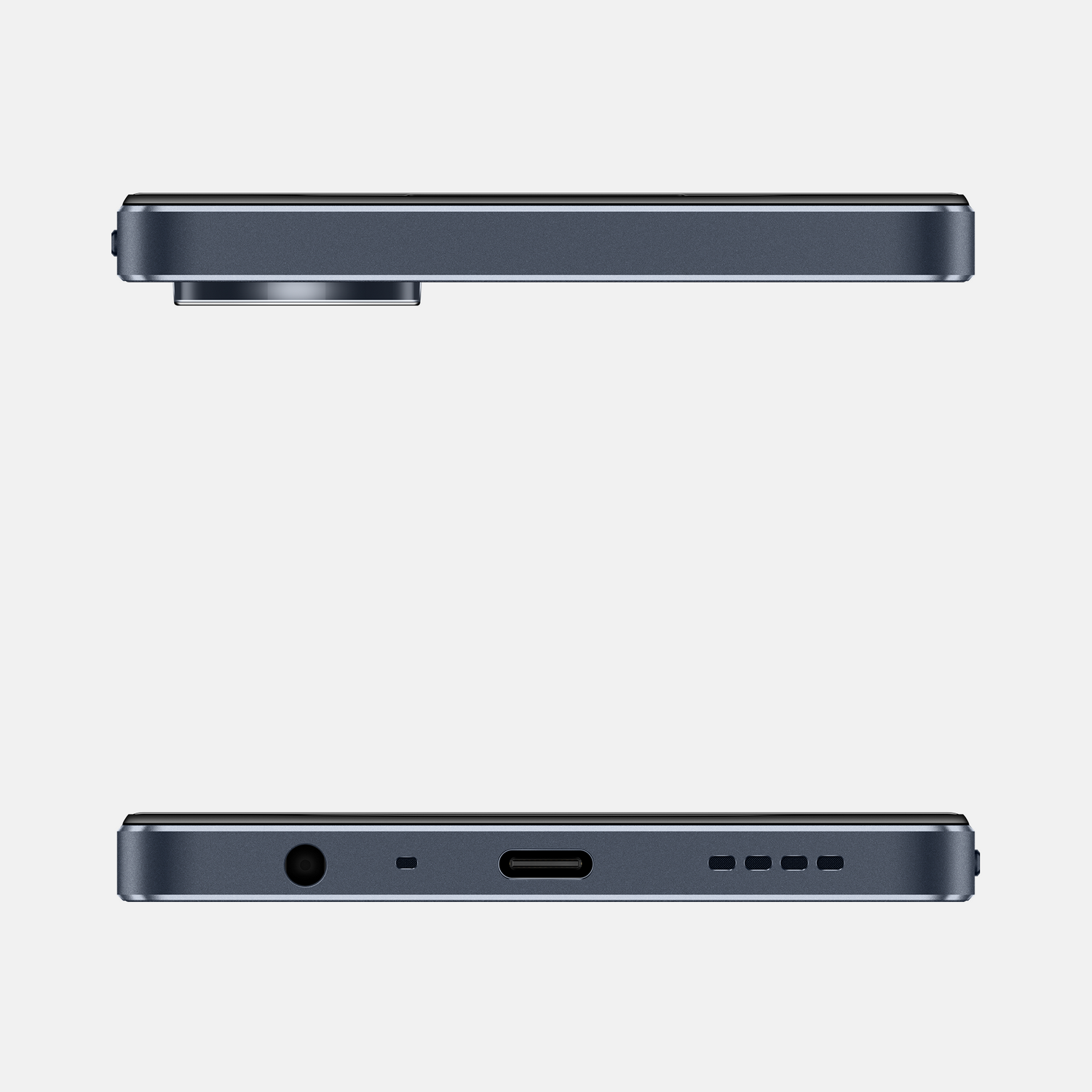 Dos vistas de un smartphone azul oscuro, mostrando detalles de cámara y puertos, sobre fondo blanco.
