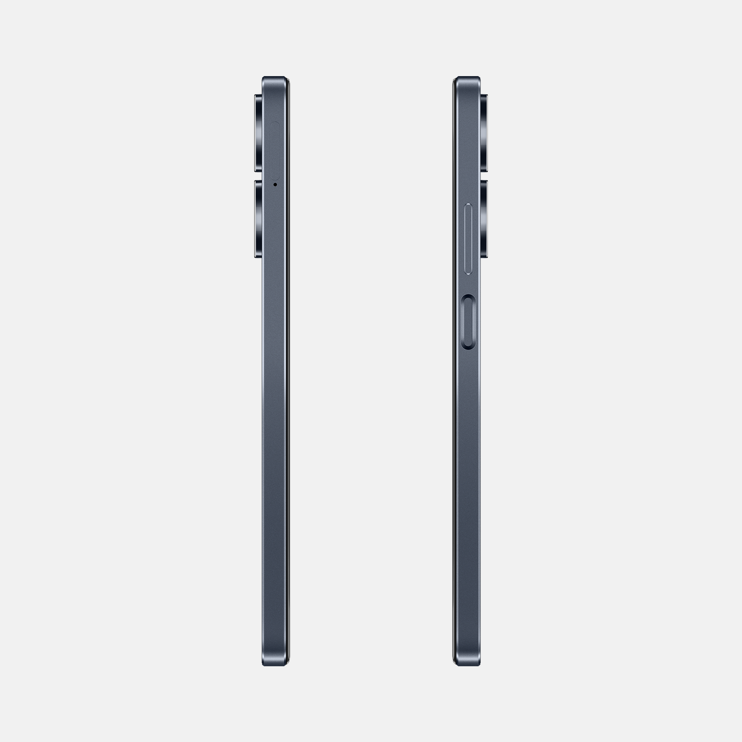 Dos vistas verticales del teléfono. Una muestra el perfil lateral con botones, la otra sin ellos.