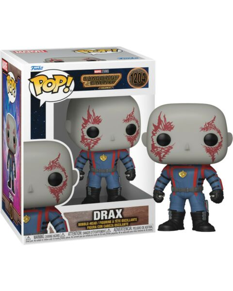 Figura Funko Pop de Drax en caja, mostrando a Drax con tatuajes y traje azul.