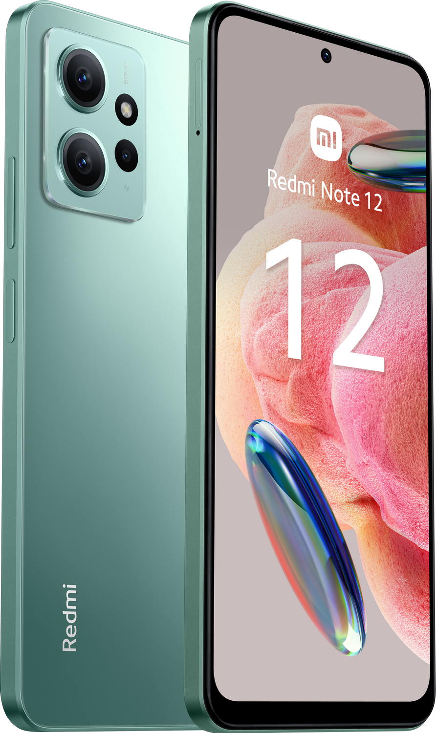 Teléfono Redmi Note 12 verde menta, vista lateral. Dos cámaras en la parte trasera. Logotipo de Redmi.