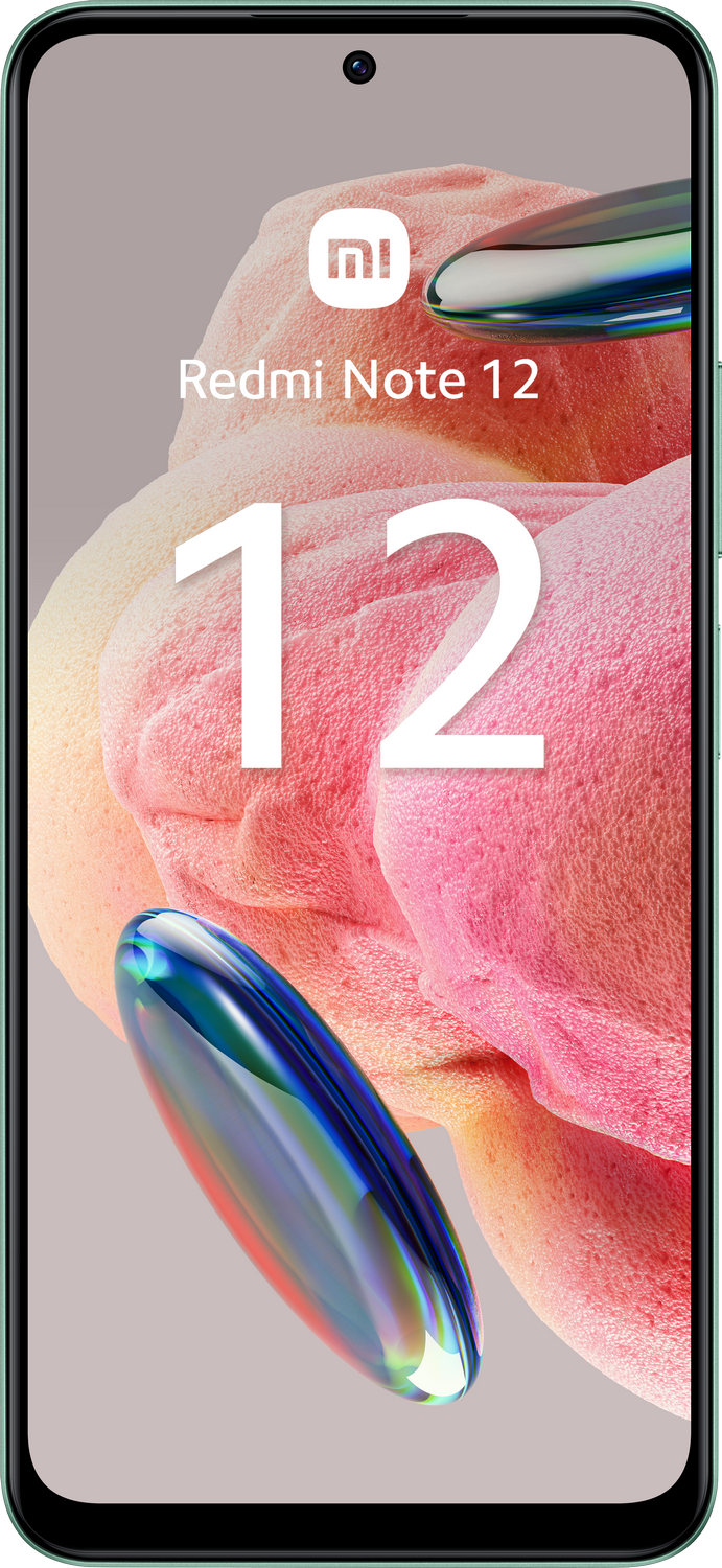Un teléfono verde Xiaomi Redmi Note 12 con un fondo colorido y el número 12.