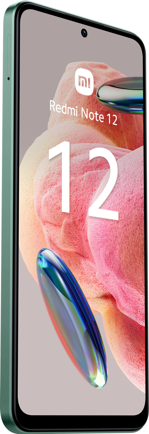 Smartphone verde con el logo 'Redmi Note 12', fondo rosa y reflejo azul.