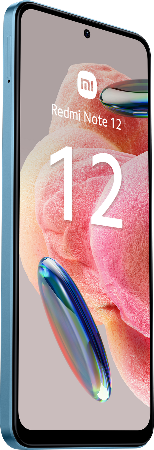 Vista en ángulo del teléfono Redmi Note 12. Marco azul claro. El teléfono muestra el nombre y el número 12.