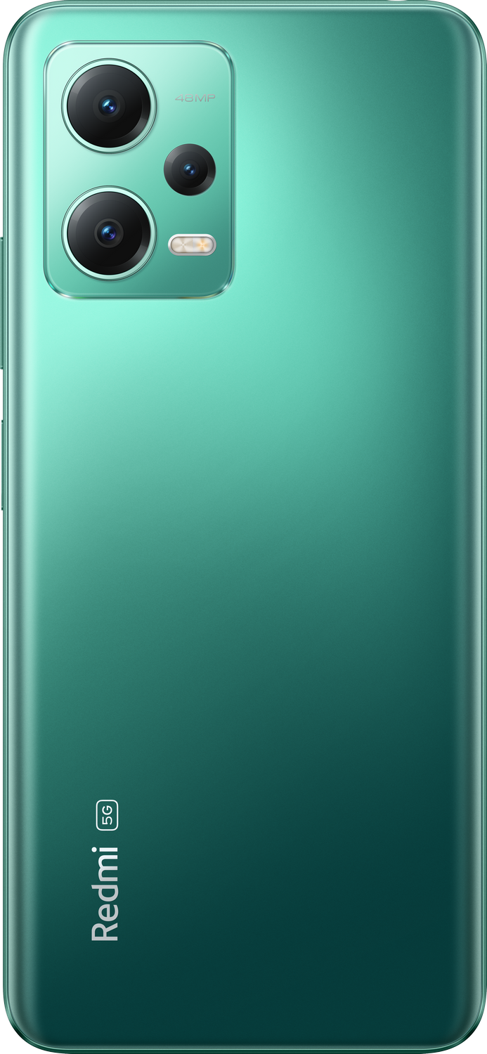 Parte trasera del teléfono Redmi, color verde azulado. Configuración de triple cámara y logo 5G.