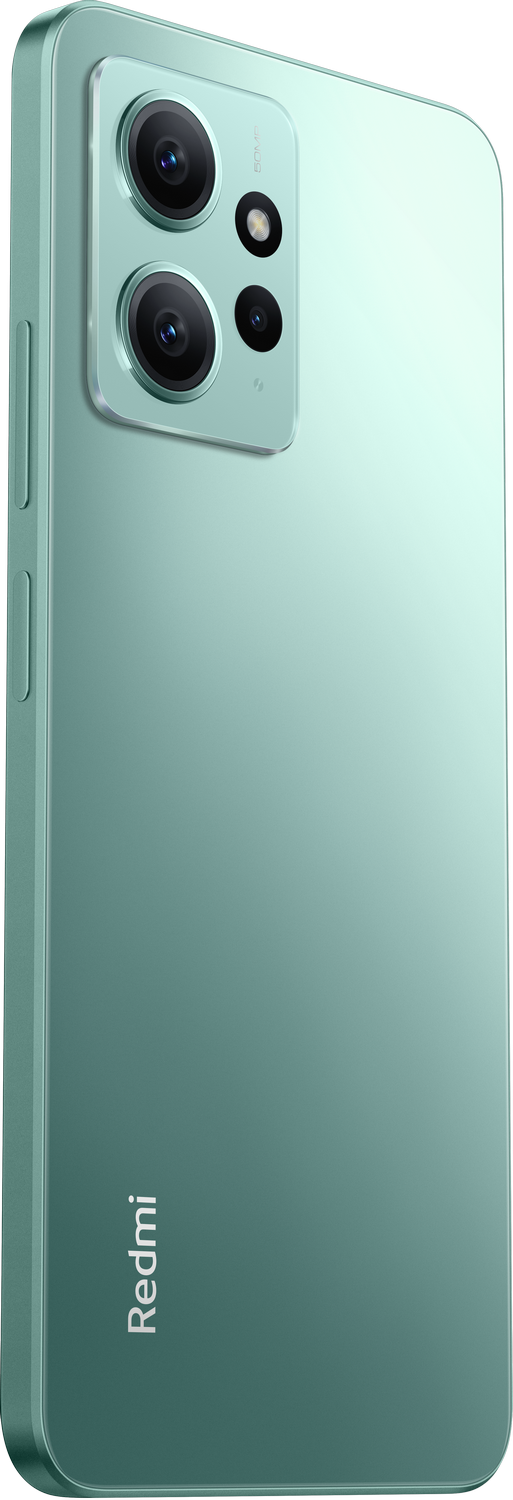 Teléfono Redmi verde, vista lateral, cámara y logo Redmi.