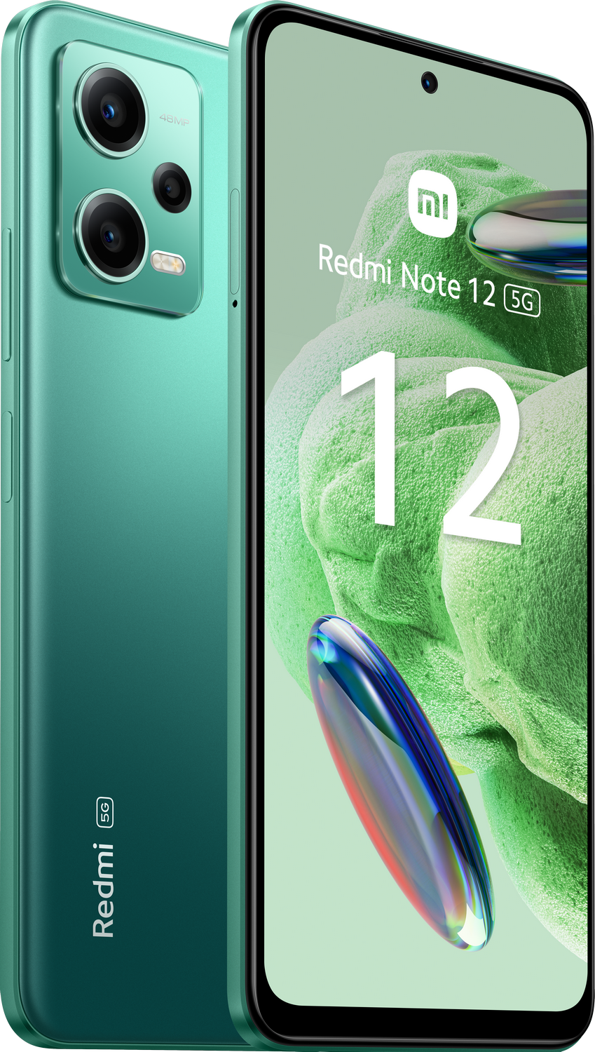 Smartphone verde con cámara y pantalla con la inscripción Redmi Note 12 5G.