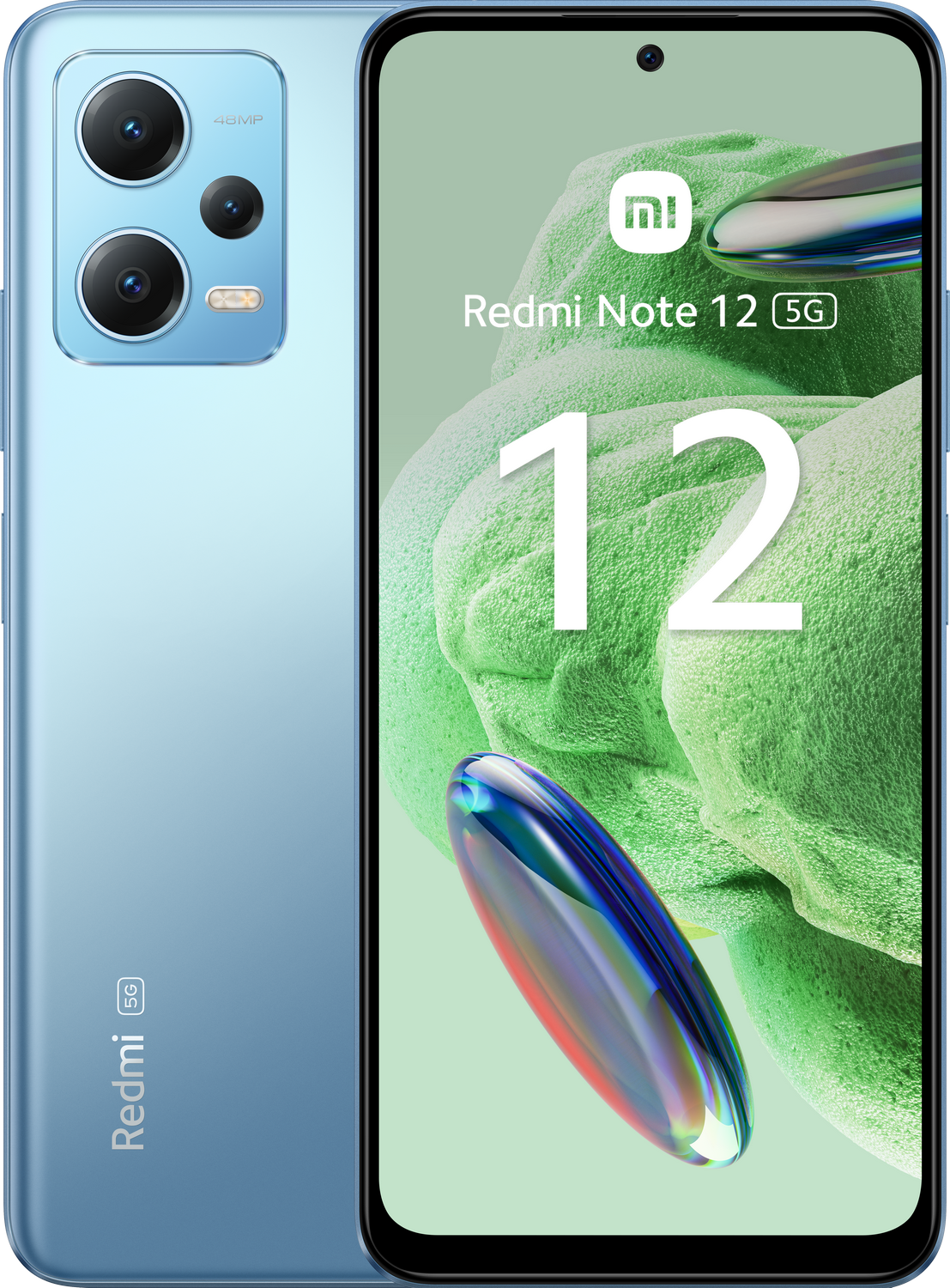 Teléfono azul Redmi Note 12 5G con triple cámara trasera y cámara frontal.