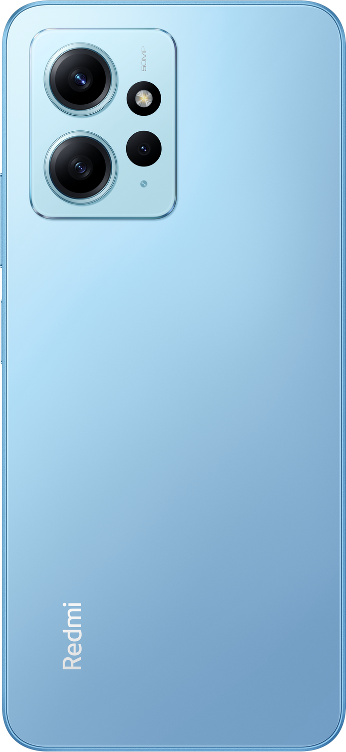 Parte trasera de teléfono azul celeste con cámaras dobles y Redmi.