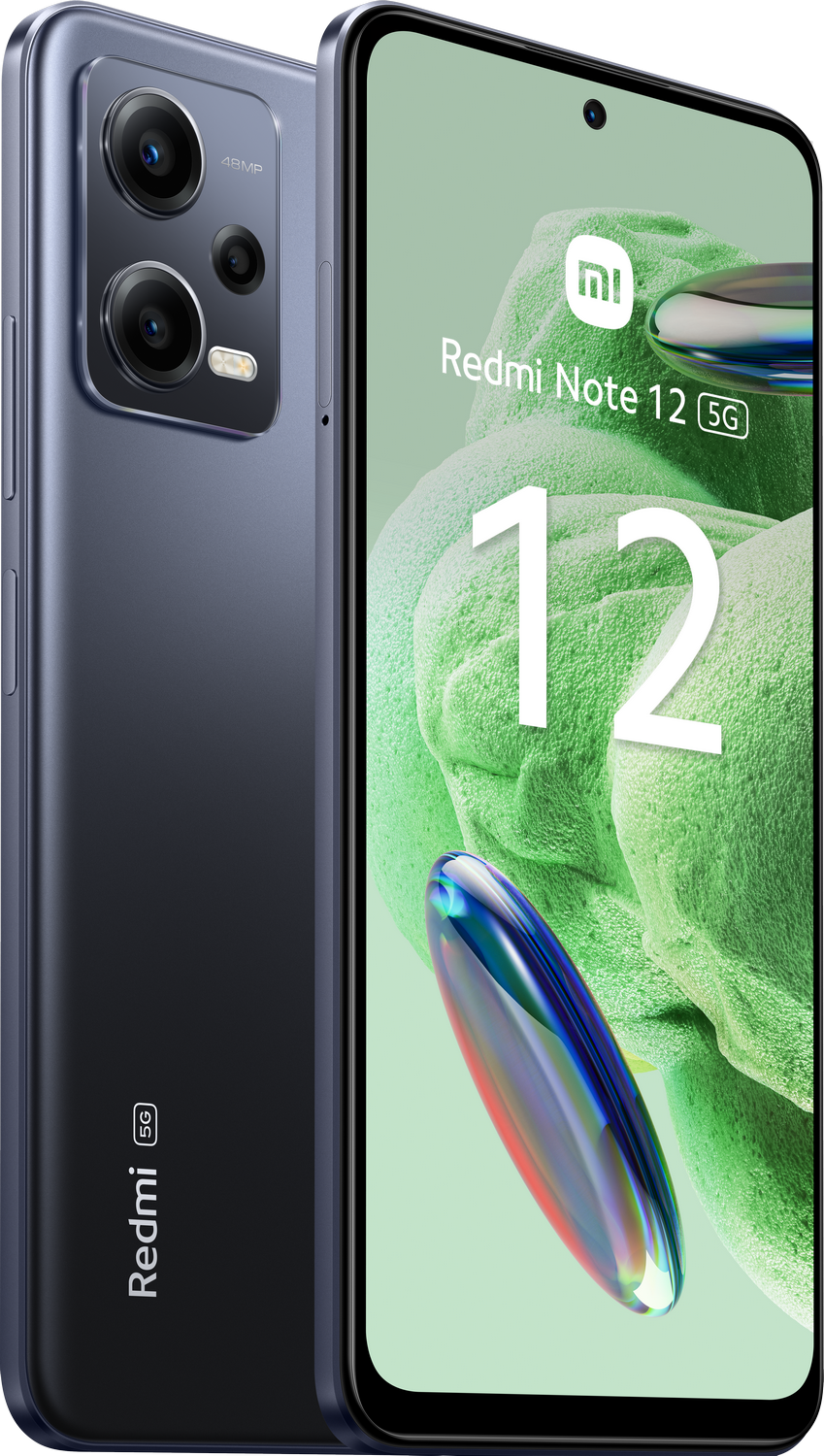Smartphone Redmi Note 12 5G azul, con cámara trasera.
