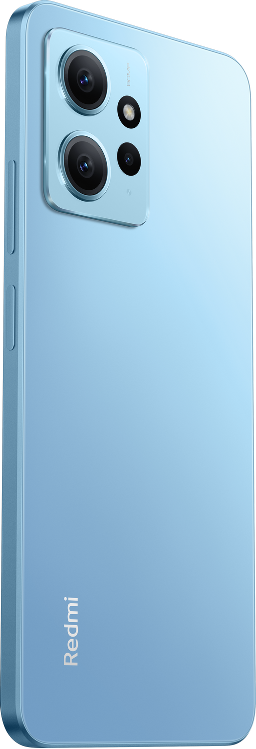 Teléfono Redmi azul claro, vista trasera, múltiples cámaras y logo Redmi, fondo blanco.