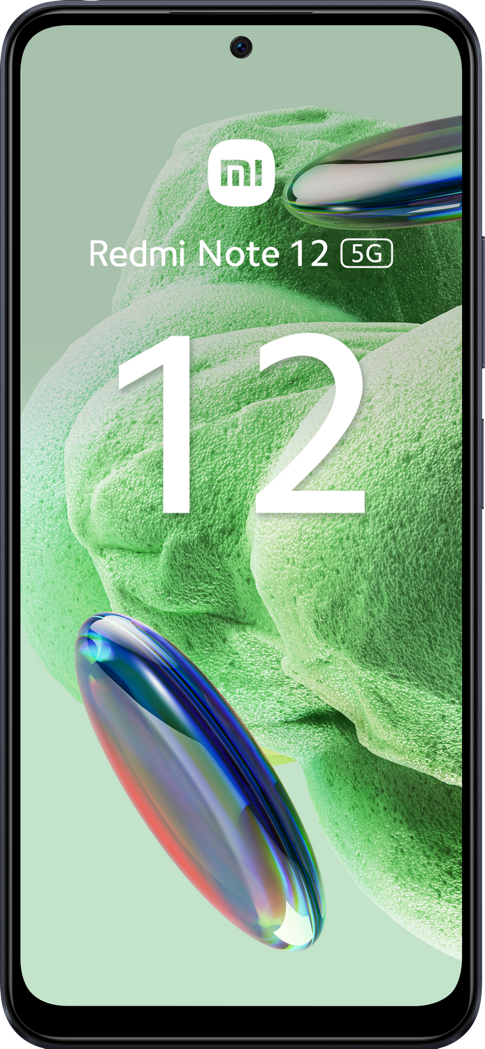 Smartphone Redmi Note 12 5G. El teléfono es negro y tiene un gran '12' en la pantalla. El fondo es verde.