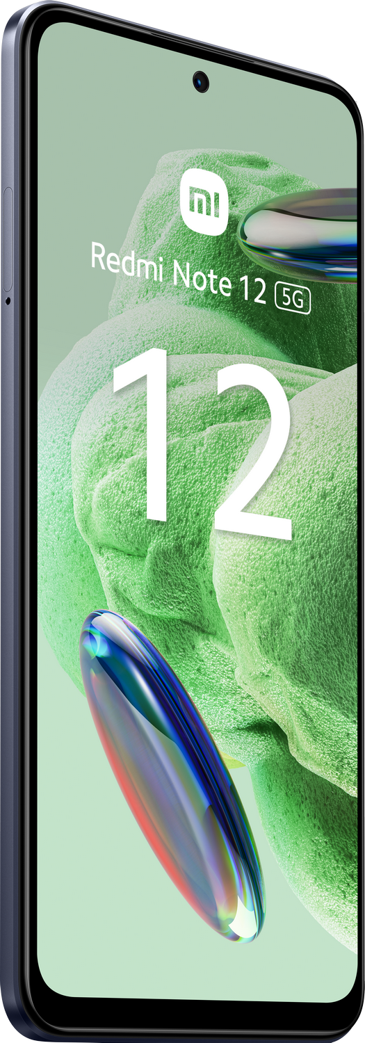 Un teléfono azul con el logotipo Redmi Note 12 5G y un fondo verde.