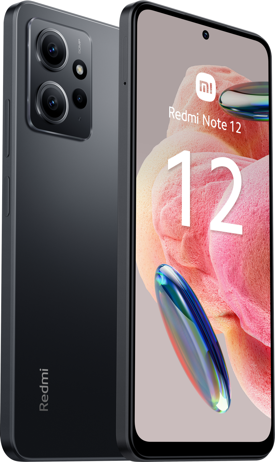 Un smartphone negro con una configuración de triple cámara y el logotipo Redmi Note 12 en la parte posterior.