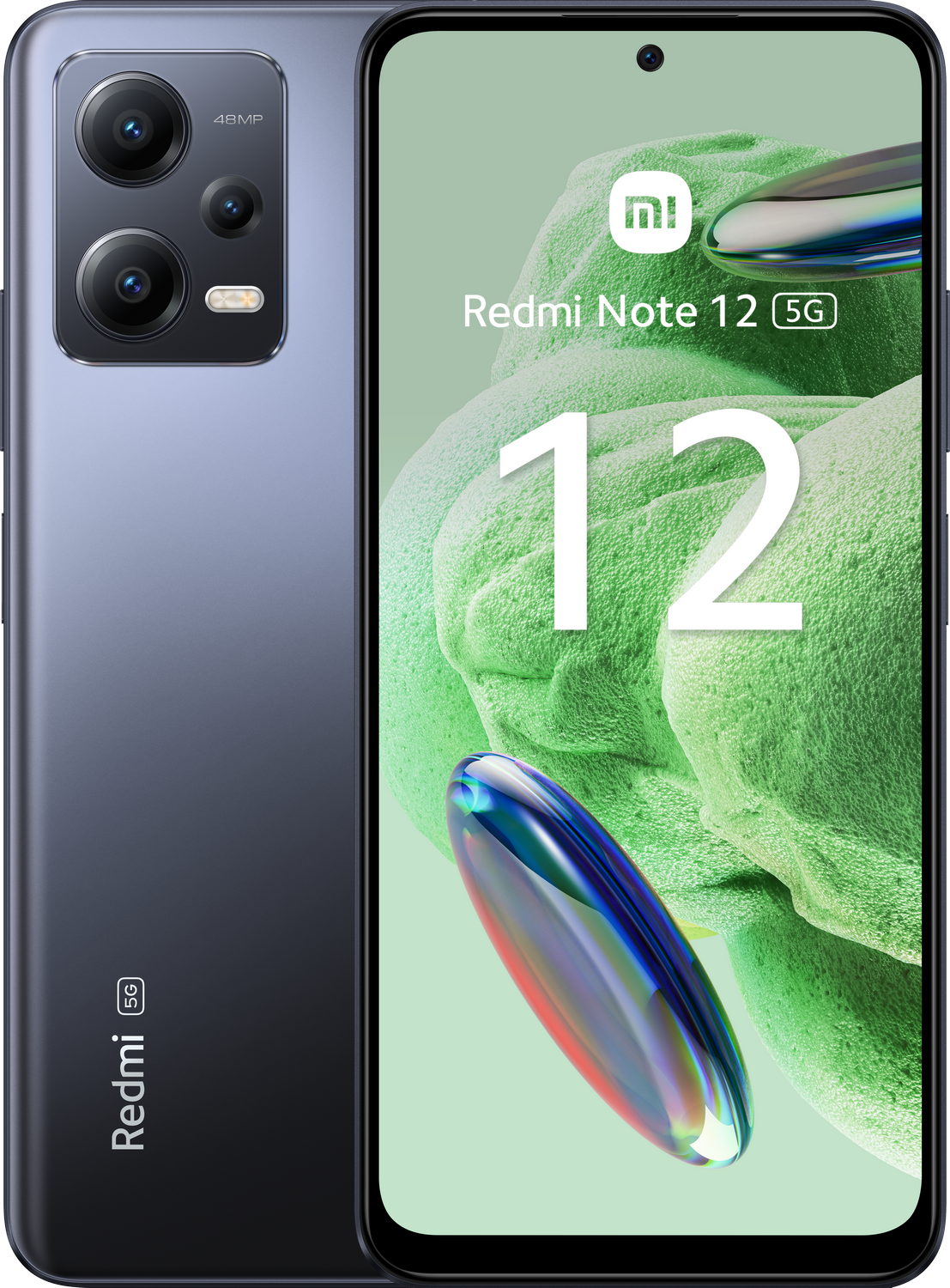 Un teléfono Redmi Note 12 5G azul y gris. La parte trasera tiene cámaras. La pantalla muestra un 12 blanco.