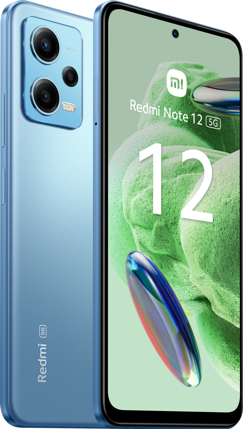 Teléfono Redmi Note 12 5G, vista en ángulo. Azul claro. Pantalla muestra nombre, 12 y 5G.