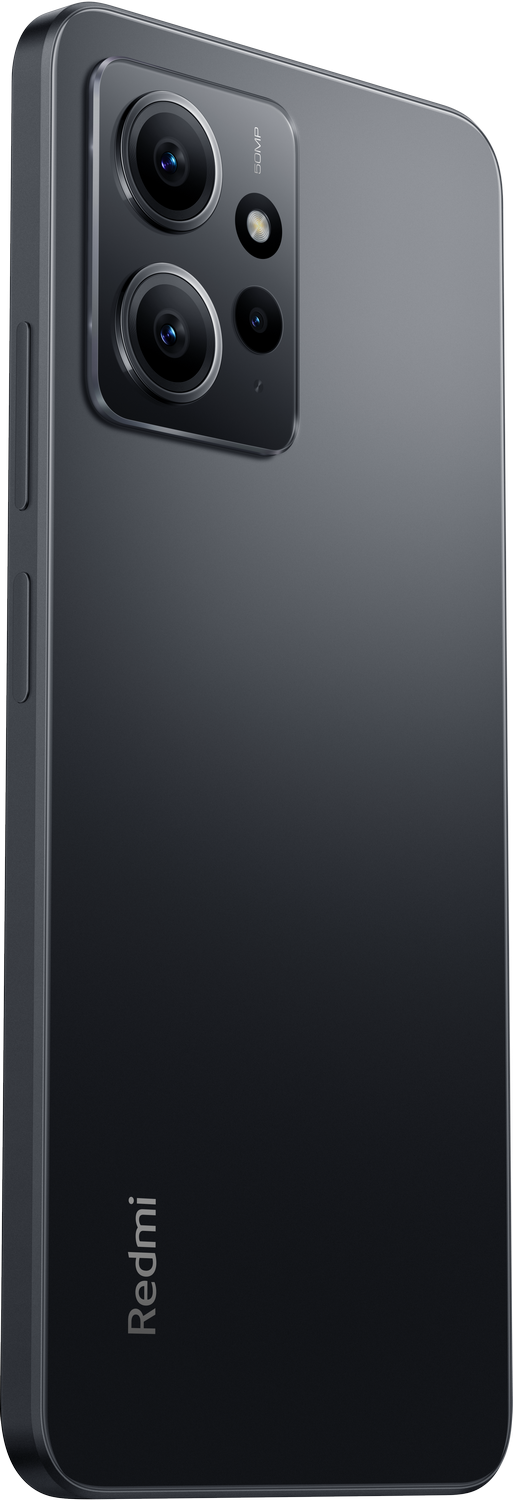 La parte trasera de un teléfono inteligente gris oscuro. Tiene tres cámaras y el logotipo de Redmi en la parte inferior.