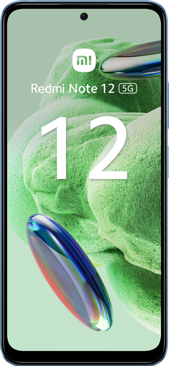 Teléfono Redmi Note 12 frente a un fondo verde con un gran '12'.