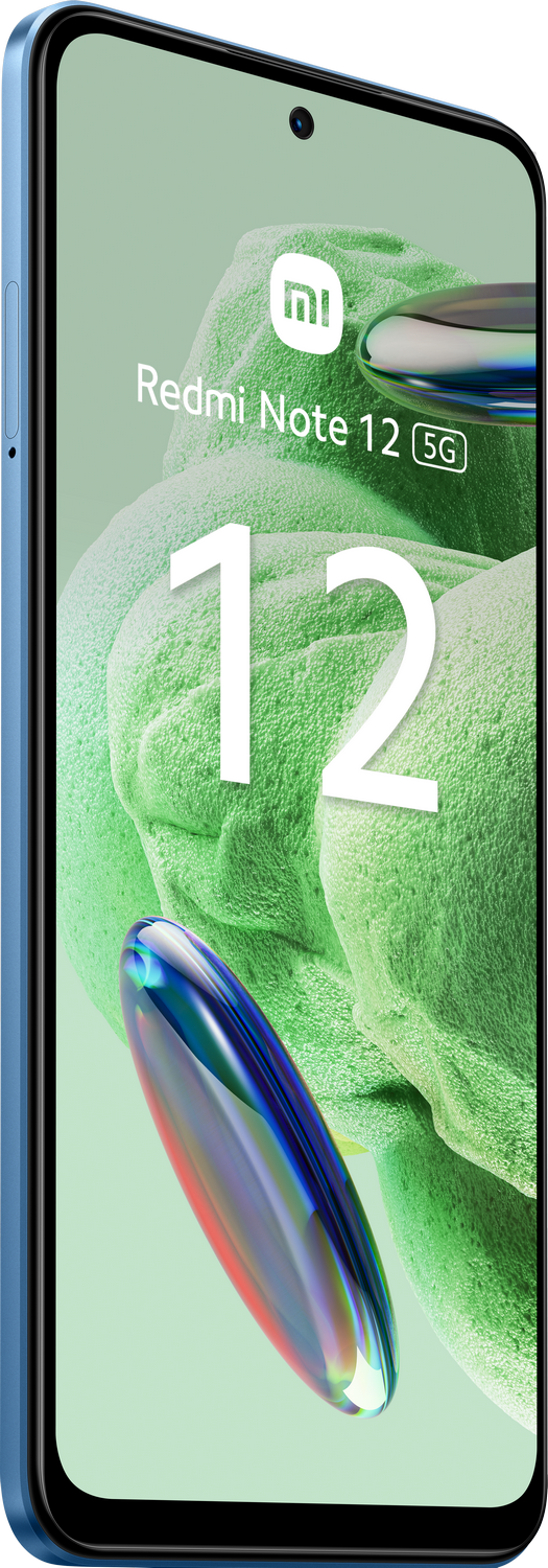 Un smartphone Redmi Note 12 5G azul, con un fondo verde abstracto.
