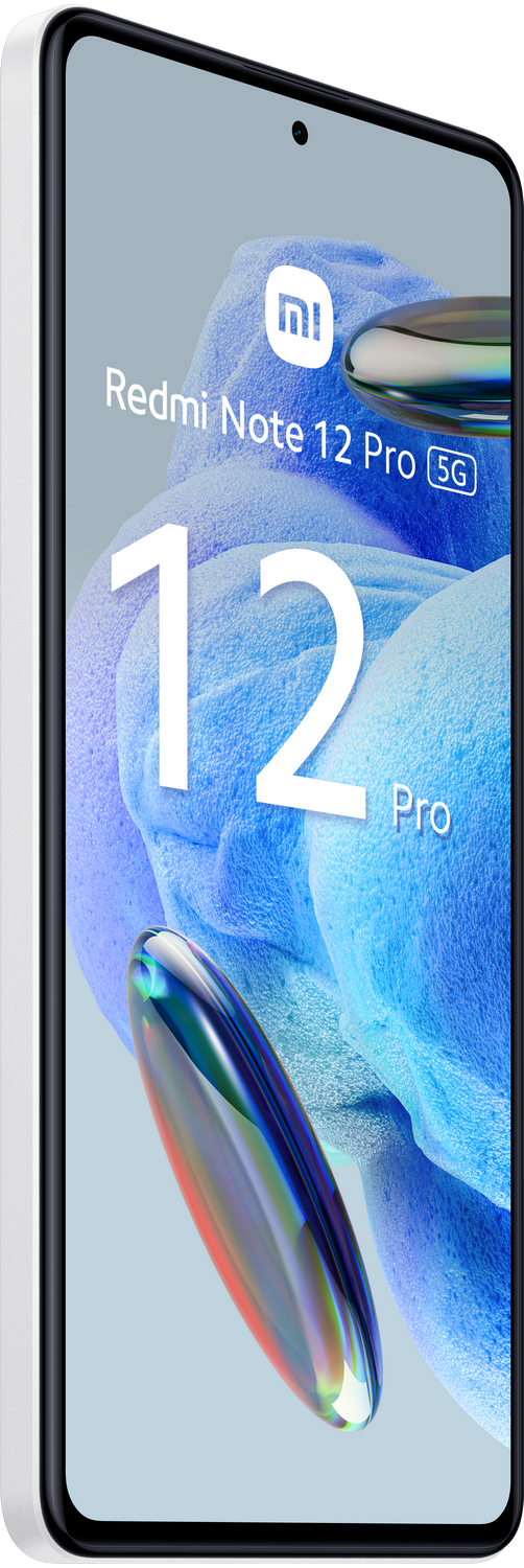 Un teléfono inteligente blanco con el texto 'Redmi Note 12 Pro 5G 12 Pro' en la pantalla, sobre un fondo azul.