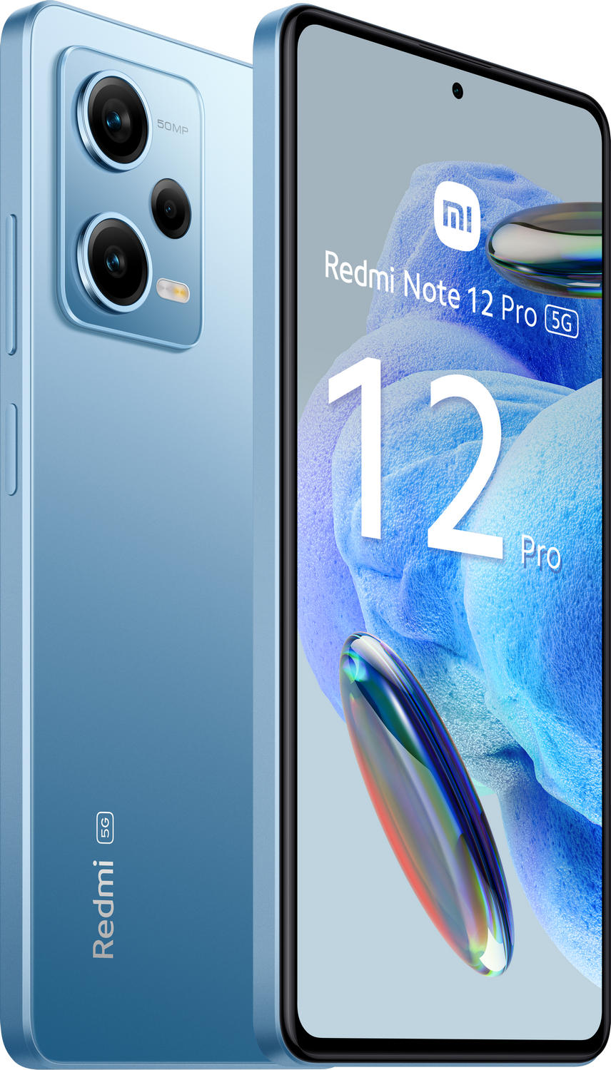 Smartphone azul con múltiples cámaras en la parte trasera, sobre fondo blanco.